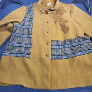 Logo Lavish Lori Goldstein Patchwork Embroidered Button Up Jacket Tan Sz 3XL